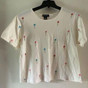 Denim&Co White Tee with Colorful Floral Embroidery